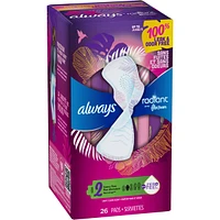 Serviettes Always Radiant FlexFoam, taille 2, flux abondant, protection sans fuites ni odeurs à 100 %, avec ailes, parfumées, 26 u