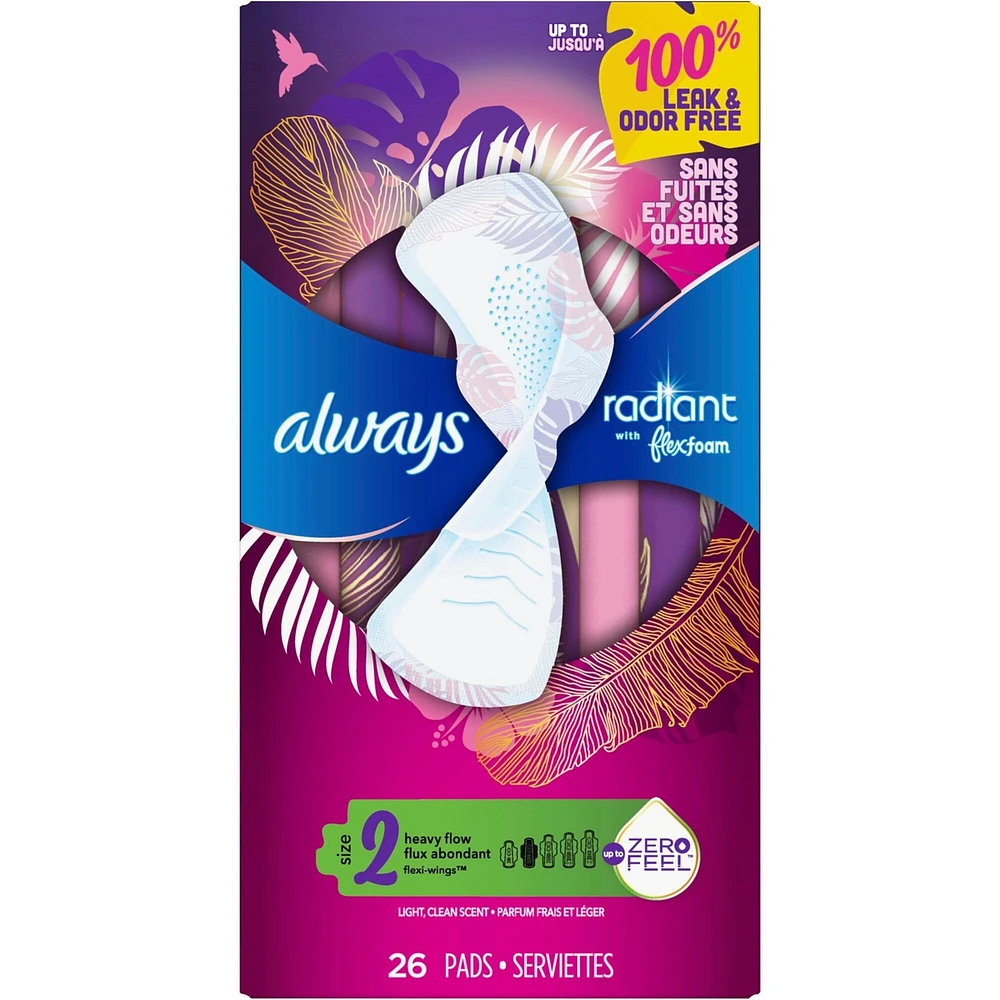 Serviettes Always Radiant FlexFoam, taille 2, flux abondant, protection sans fuites ni odeurs à 100 %, avec ailes, parfumées, 26 u