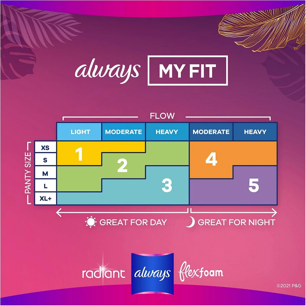 Serviettes Always Radiant FlexFoam, taille 2, flux abondant, protection sans fuites ni odeurs à 100 %, avec ailes, parfumées, 26 u