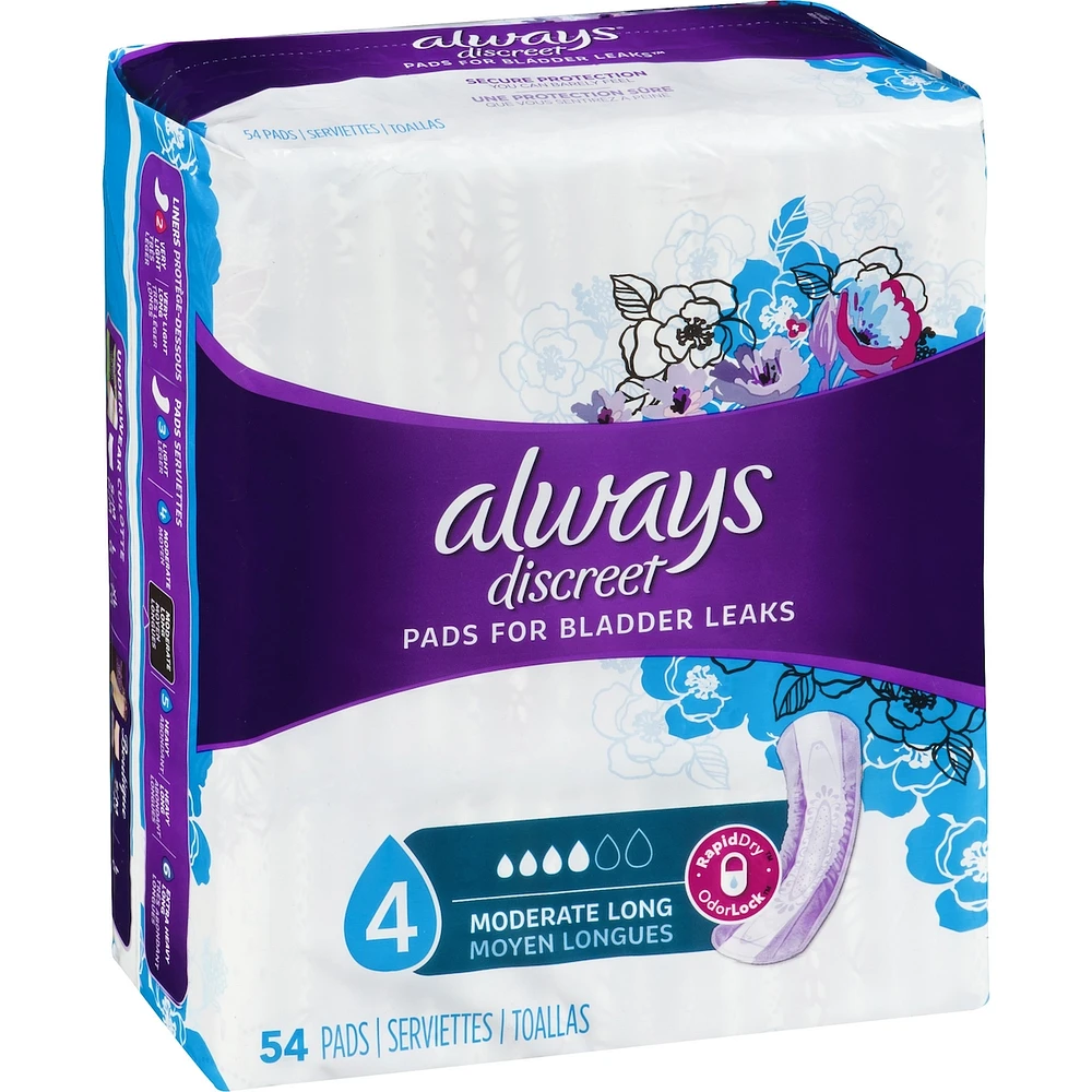 Discreet Moderate Long Incontinence Pads, 54 Count