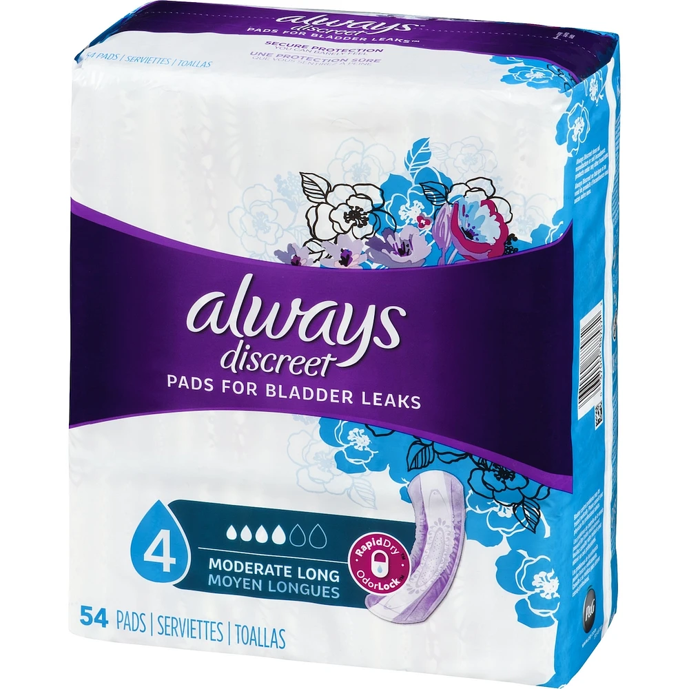 Discreet Moderate Long Incontinence Pads, 54 Count