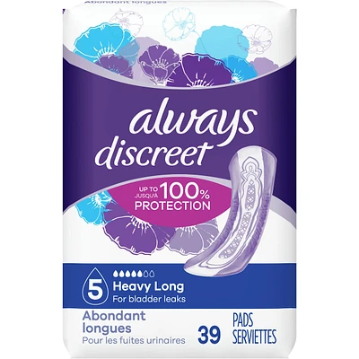 Discreet Heavy Long Incontinence Pads, 39 Count