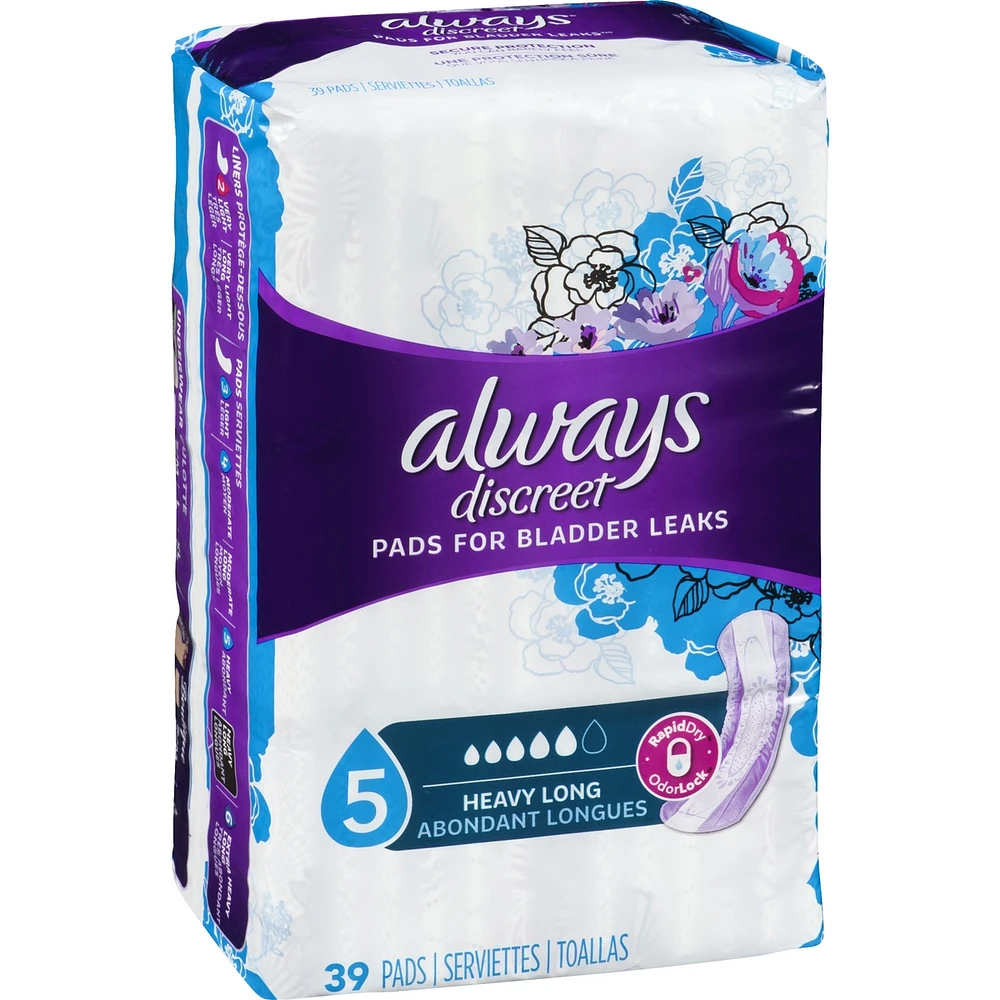 Discreet Heavy Long Incontinence Pads, 39 Count