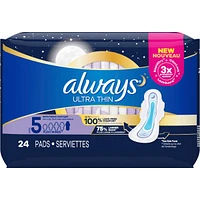 Always Ultra Thin Pads Size 5 Extra Heavy Overnight Absorbency Unscented with Wings