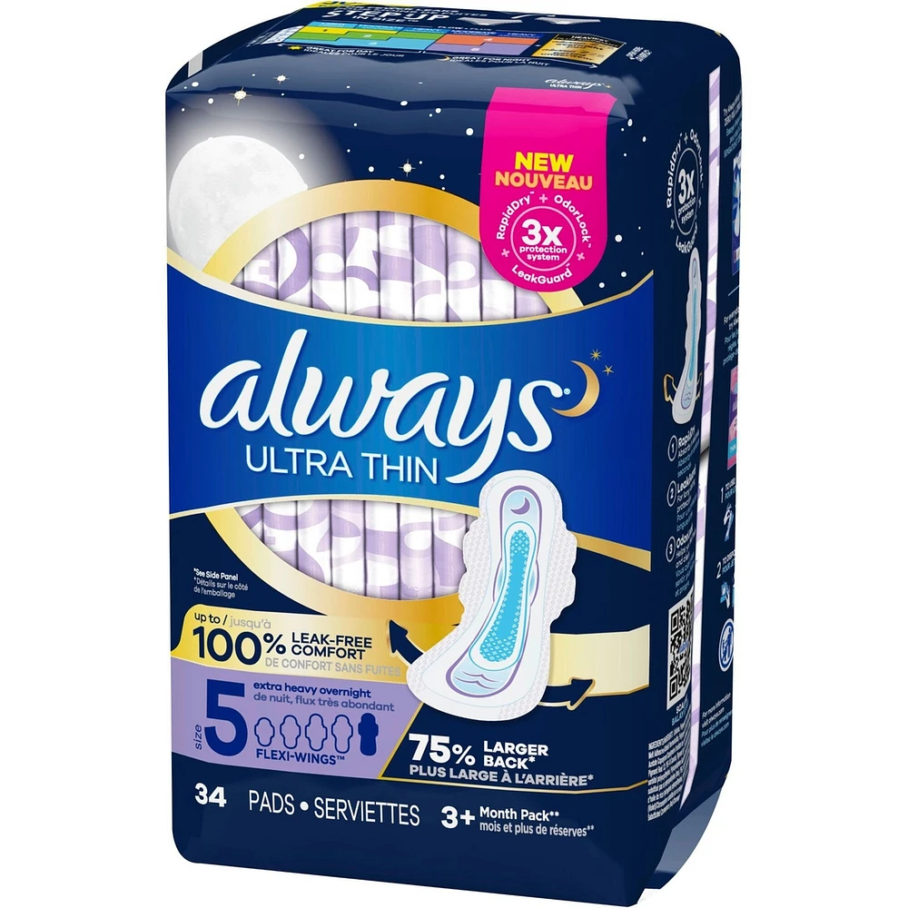 Always Ultra Thin Pads Size 5 Extra Heavy Overnight Absorbency Unscented with Wings