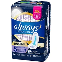Always Ultra Thin Pads Size 5 Extra Heavy Overnight Absorbency Unscented with Wings