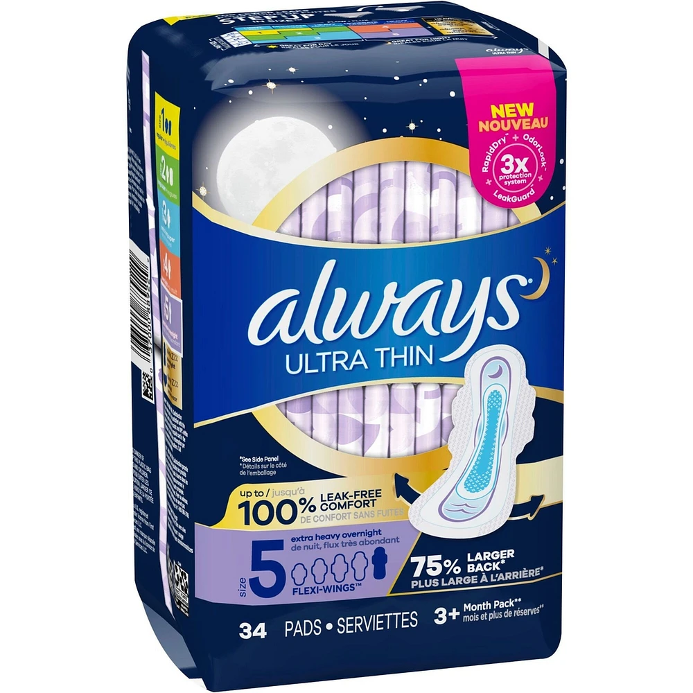 Always Ultra Thin Pads Size 5 Extra Heavy Overnight Absorbency Unscented with Wings