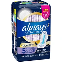 Always Ultra Thin Pads Size 5 Extra Heavy Overnight Absorbency Unscented with Wings