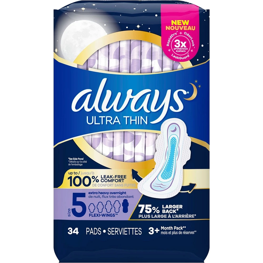 Always Ultra Thin Pads Size 5 Extra Heavy Overnight Absorbency Unscented with Wings
