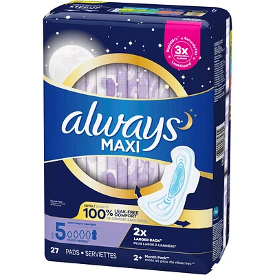 Always Maxi Pads Size 5 Overnight Absorbency Unscented with Wings, 27 Count
