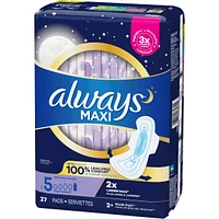 Always Maxi Pads Size 5 Overnight Absorbency Unscented with Wings, 27 Count