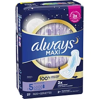 Always Maxi Pads Size 5 Overnight Absorbency Unscented with Wings, 27 Count