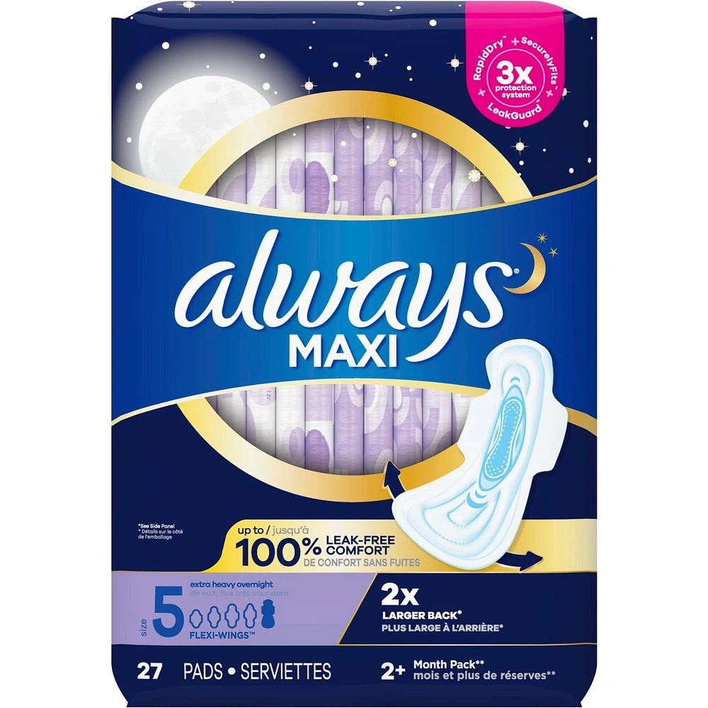 Always Maxi Pads Size 5 Overnight Absorbency Unscented with Wings, 27 Count