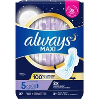 Always Maxi Pads Size 5 Overnight Absorbency Unscented with Wings, 27 Count