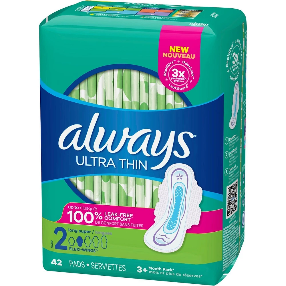 Serviettes Always Ultra Thin, longues avec ailes, taille 2, non parfumées, 42 serviettes