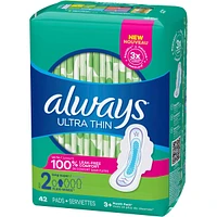 Serviettes Always Ultra Thin, longues avec ailes, taille 2, non parfumées, 42 serviettes
