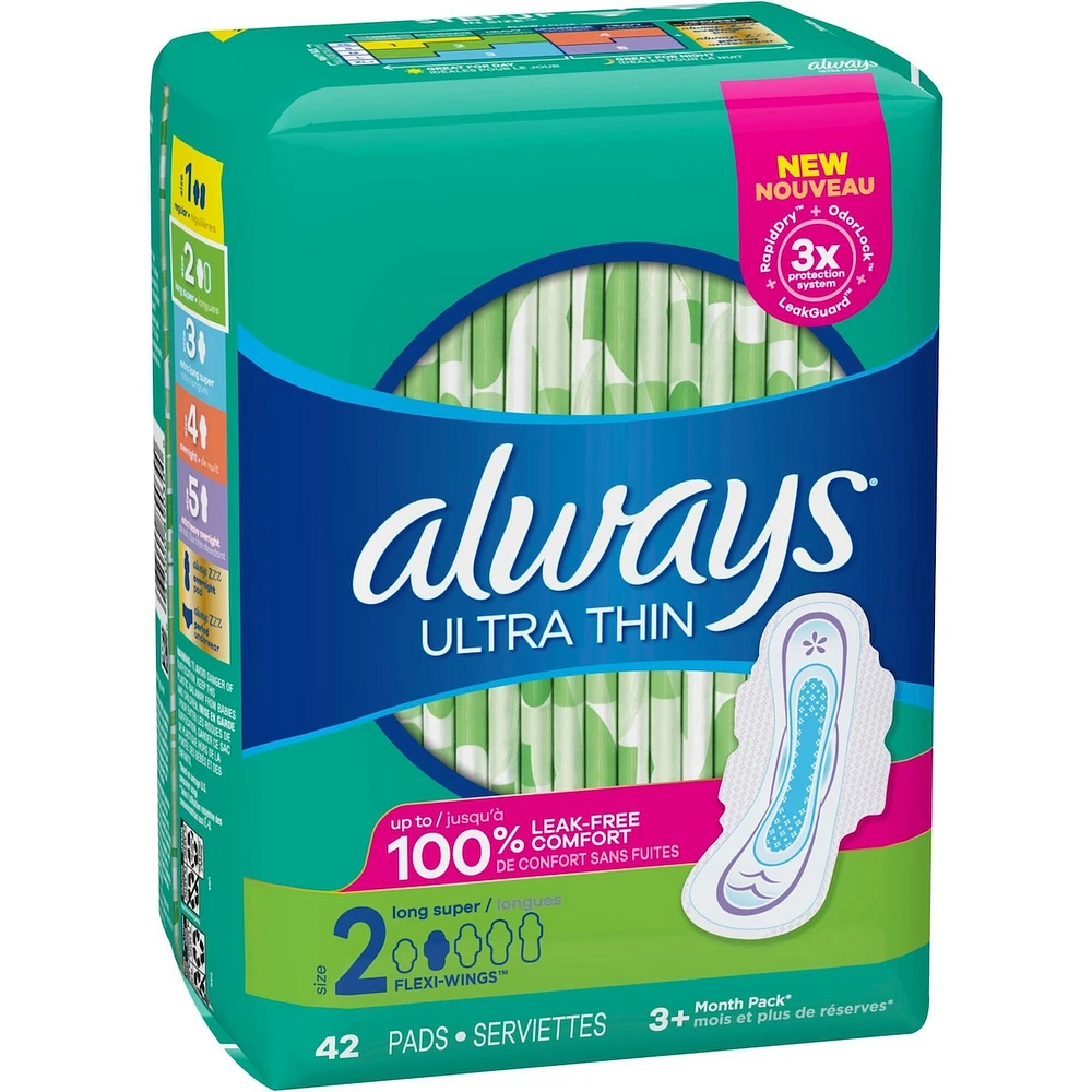 Serviettes Always Ultra Thin, longues avec ailes, taille 2, non parfumées, 42 serviettes