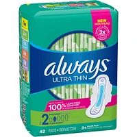 Serviettes Always Ultra Thin, longues avec ailes, taille 2, non parfumées, 42 serviettes