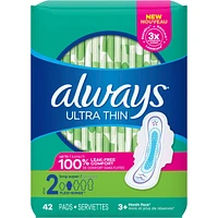 Serviettes Always Ultra Thin, longues avec ailes, taille 2, non parfumées, 42 serviettes
