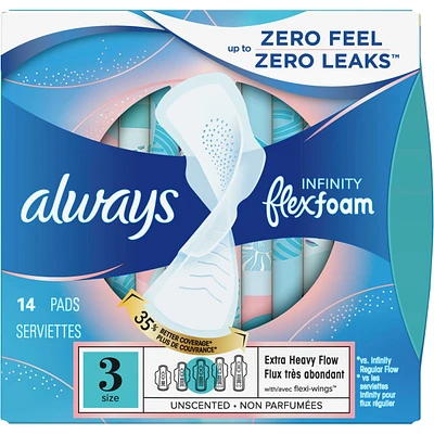 Always Infinity FlexFoam Pads for Women, Size 3, Extra Heavy Absorbency, Unscented, 14 Count