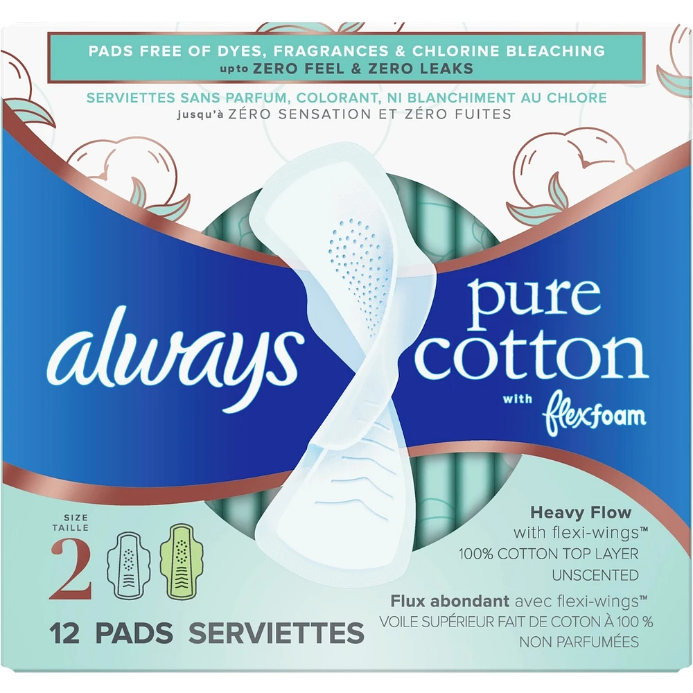 Always Pure Cotton with FlexFoam Pads Size 2, 12 Count