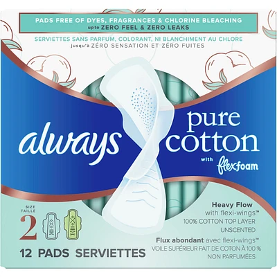 Always Pure Cotton with FlexFoam Pads Size 2, 12 Count