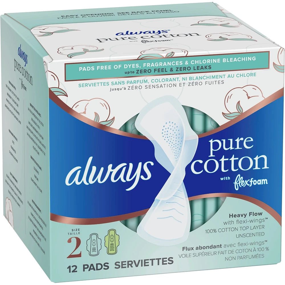 Always Pure Cotton with FlexFoam Pads Size 2, 12 Count