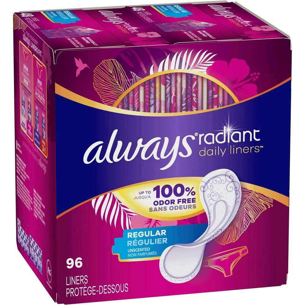 Always Radiant Daily Liners Regular Absorbency Unscented, Up to 100% Odor-free, 96 Count