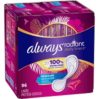 Always Radiant Daily Liners Regular Absorbency Unscented, Up to 100% Odor-free, 96 Count
