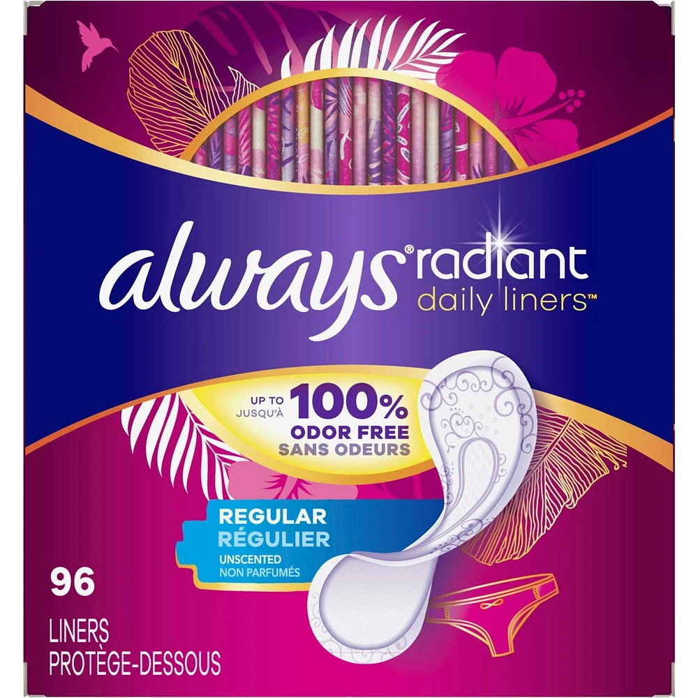 Always Radiant Daily Liners Regular Absorbency Unscented, Up to 100% Odor-free, 96 Count