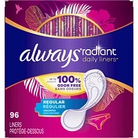 Always Radiant Daily Liners Regular Absorbency Unscented, Up to 100% Odor-free, 96 Count