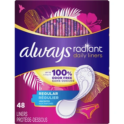 Radiant Daily Liners Regular Absorbency Unscented, 48 Count