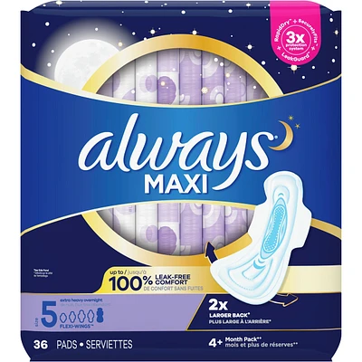 Maxi Overnight Pads with Wings for Women, Size 5, Extra Heavy Overnight Absorbency, Unscented