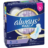 Maxi Overnight Pads with Wings for Women, Size 5, Extra Heavy Overnight Absorbency, Unscented