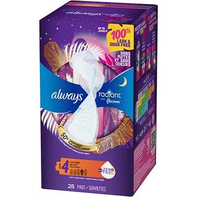 Serviettes Always Radiant FlexFoam, taille 4, degré d’absorption de nuit, protection sans fuites ni odeurs à 100 %, avec ailes, parfumées, 28 u