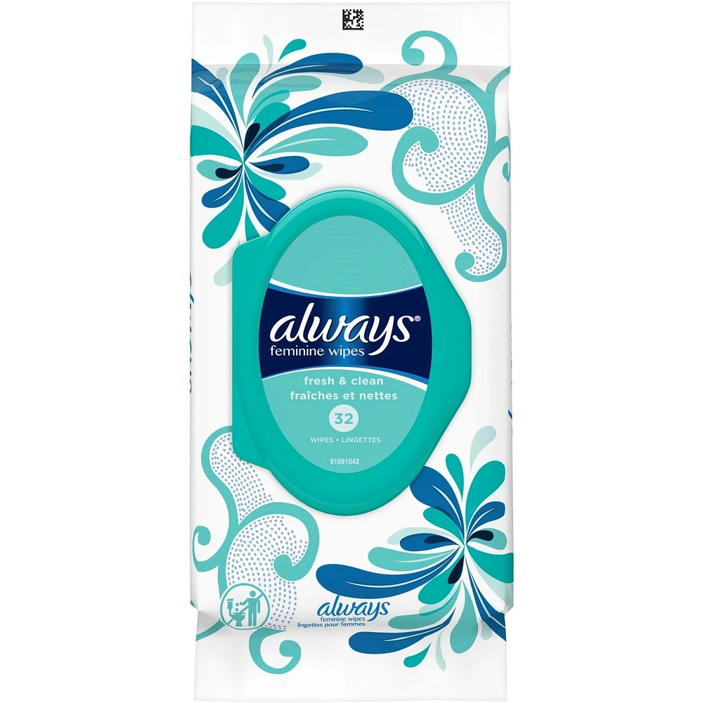 Always Feminine Wipes, Fresh & Clean, Soft Pack, 32 Count