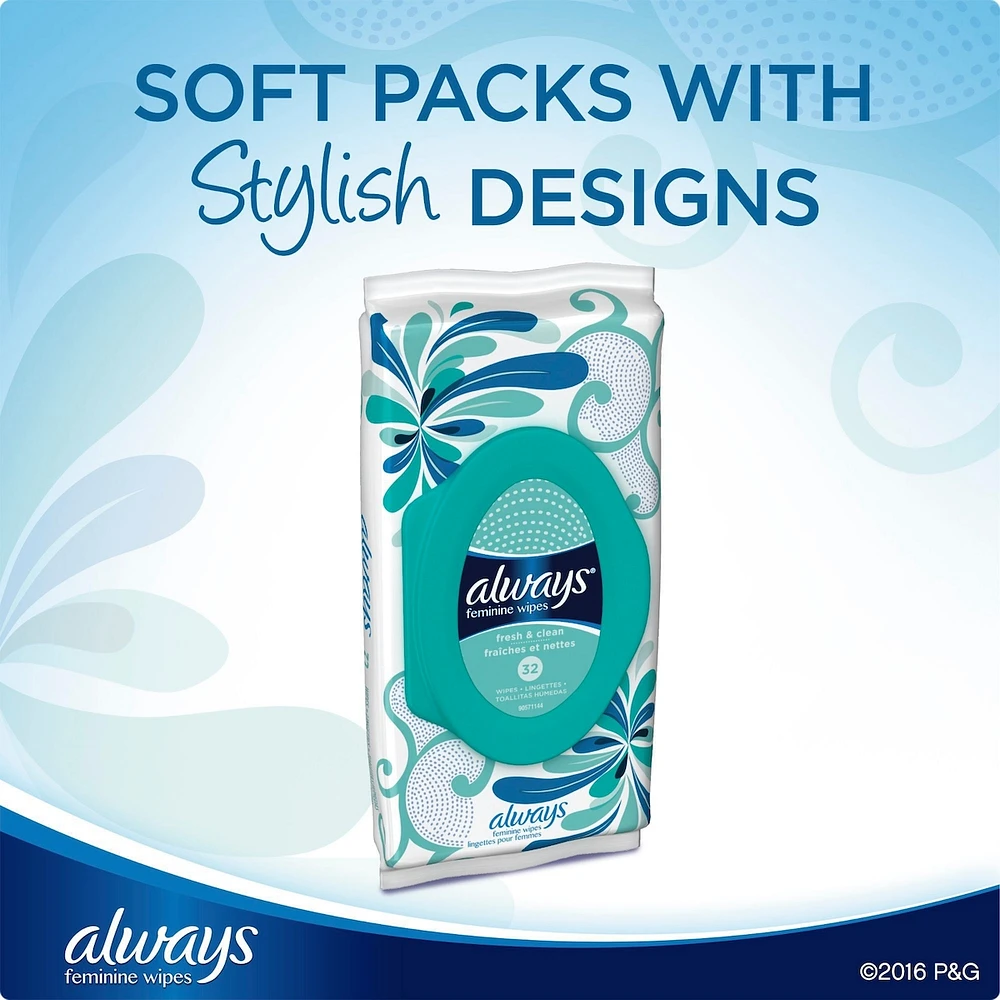 Always Feminine Wipes, Fresh & Clean, Soft Pack, 32 Count