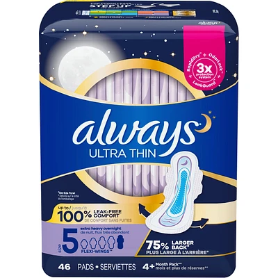 Ultra Thin Overnight Pads with Flexi-Wings, Size 5, Extra Heavy Overnight, Unscented