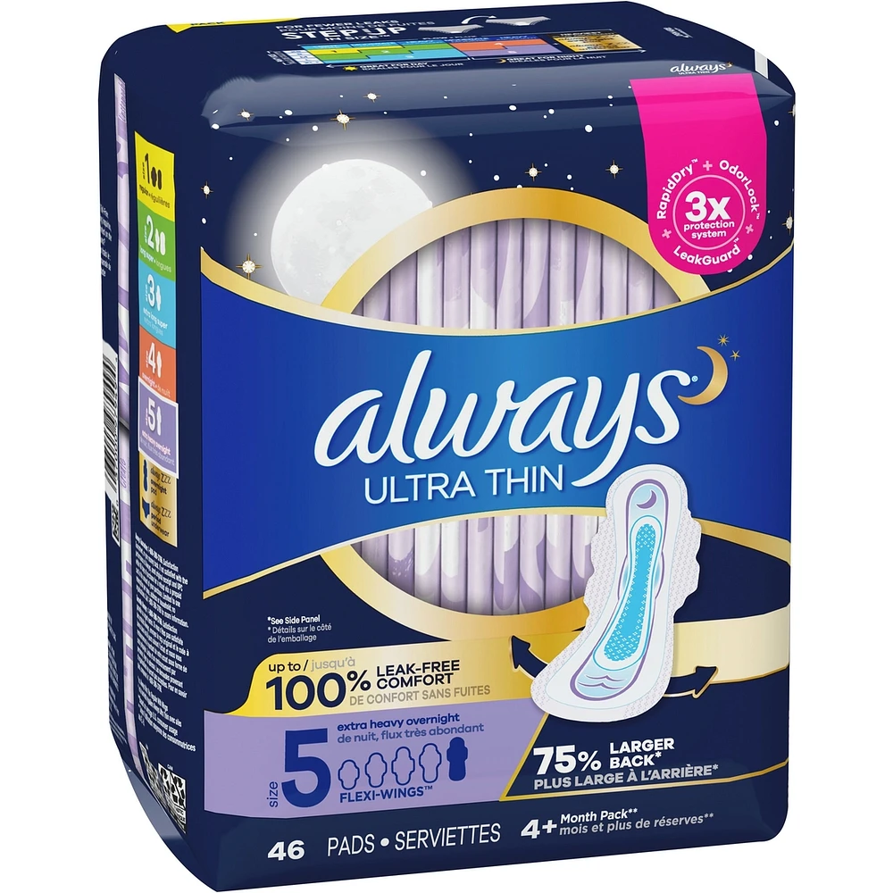 Ultra Thin Overnight Pads with Flexi-Wings, Size 5, Extra Heavy Overnight, Unscented
