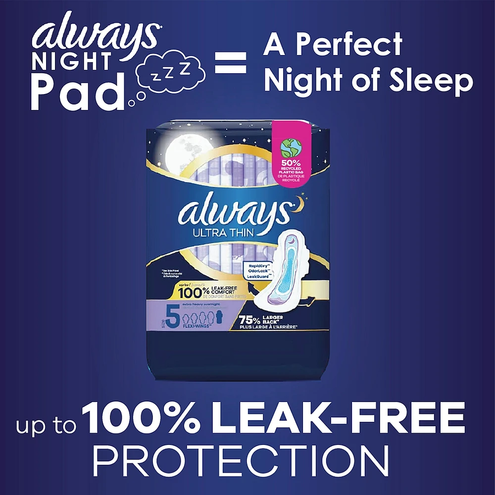 Ultra Thin Overnight Pads with Flexi-Wings, Size 5, Extra Heavy Overnight, Unscented