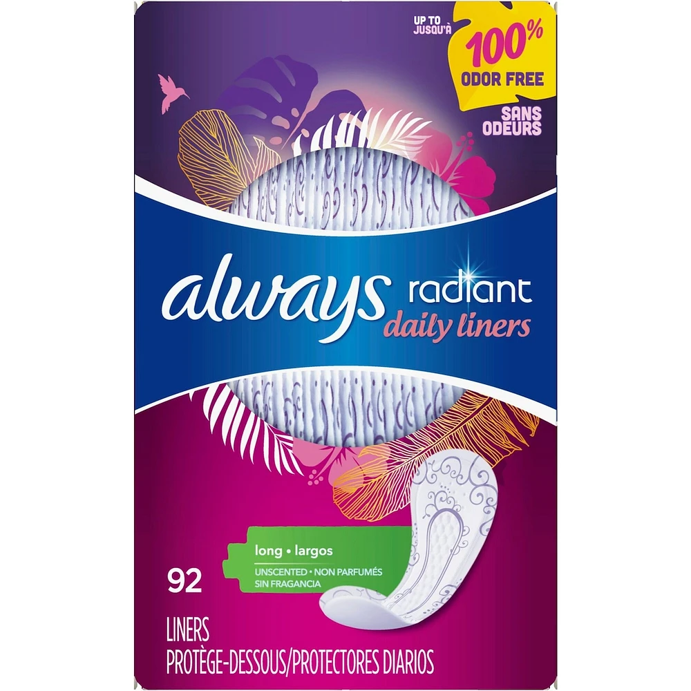 Always Radiant Daily Liners, Long, Unscented, 92 Count
