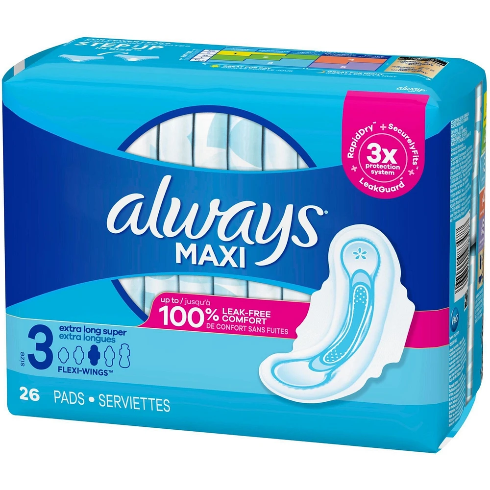 Always Maxi Pads Size 3 Extra Long Super Absorbency Unscented with Wings