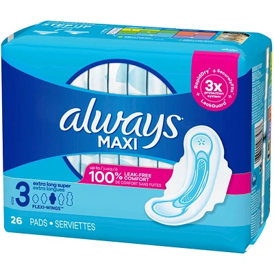 Always Maxi Pads Size 3 Extra Long Super Absorbency Unscented with Wings