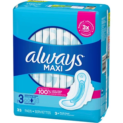 Serviettes Always Maxi, extra longues, degré d’absorption super avec ailes, taille 3, non parfumées, 33 serviettes#