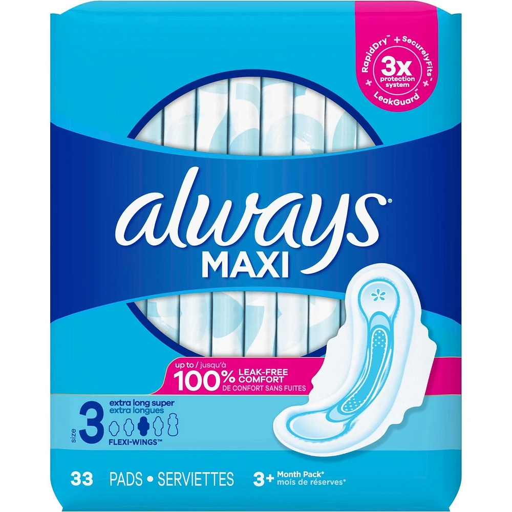 Always Maxi Pads Size 3 Extra Long Super Absorbency Unscented with Wings, 33 Count