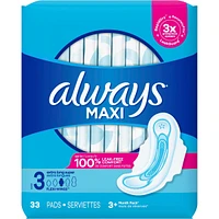 Always Maxi Pads Size 3 Extra Long Super Absorbency Unscented with Wings, 33 Count
