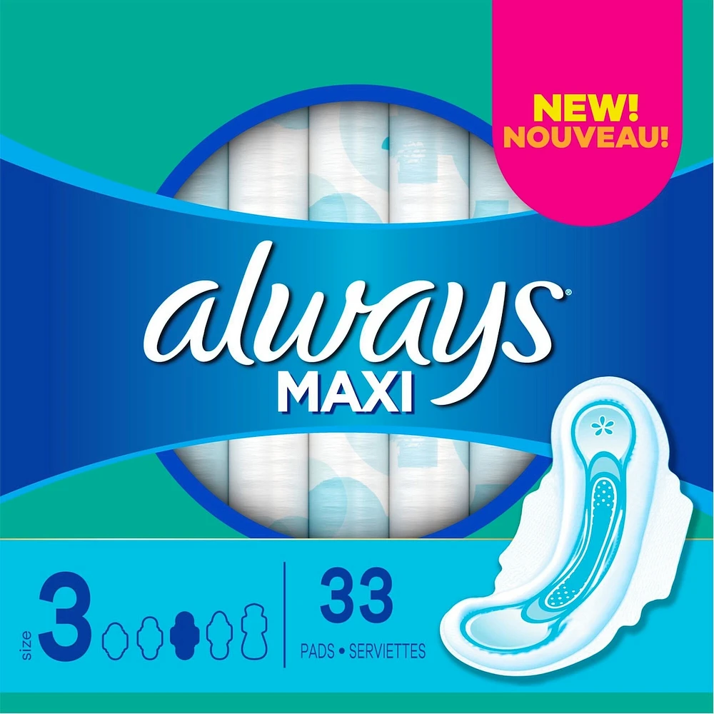 Always Maxi Pads Size 3 Extra Long Super Absorbency Unscented with Wings, 33 Count