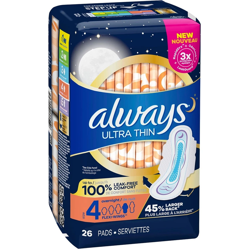 Always Ultra Thin Pads Size 4 Overnight Absorbency Unscented with Wings