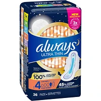 Always Ultra Thin Pads Size 4 Overnight Absorbency Unscented with Wings