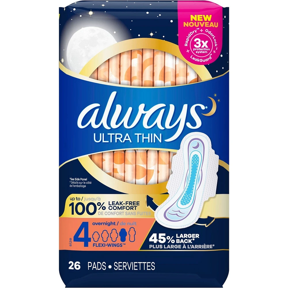 Always Ultra Thin Pads Size 4 Overnight Absorbency Unscented with Wings
